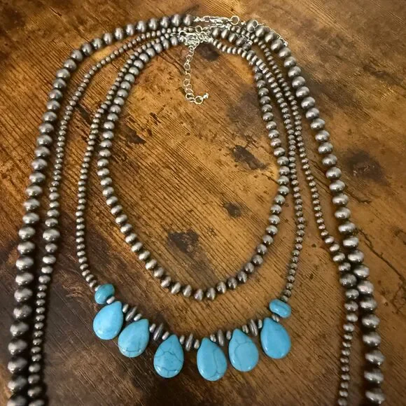 Turquoise Bead Pearl Long Necklace Bohemian Vintage Style Charm - Picture 3 of 7